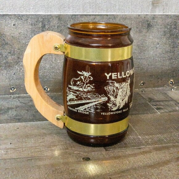 VINTAGE AMBER GLASS MUG SIESTA WARE YELLOWSTONE NATIONAL PARK WOODEN HANDLE - Picture 4 of 7